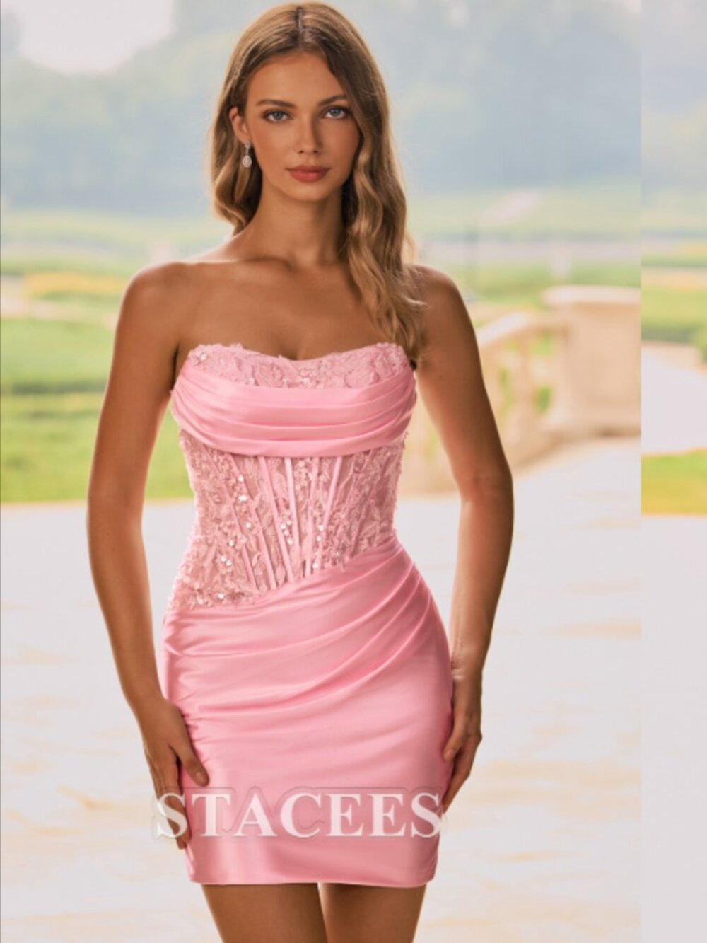 Strapless Fitted Ruched Homecoming Dress with Embellished Corset  Stacees